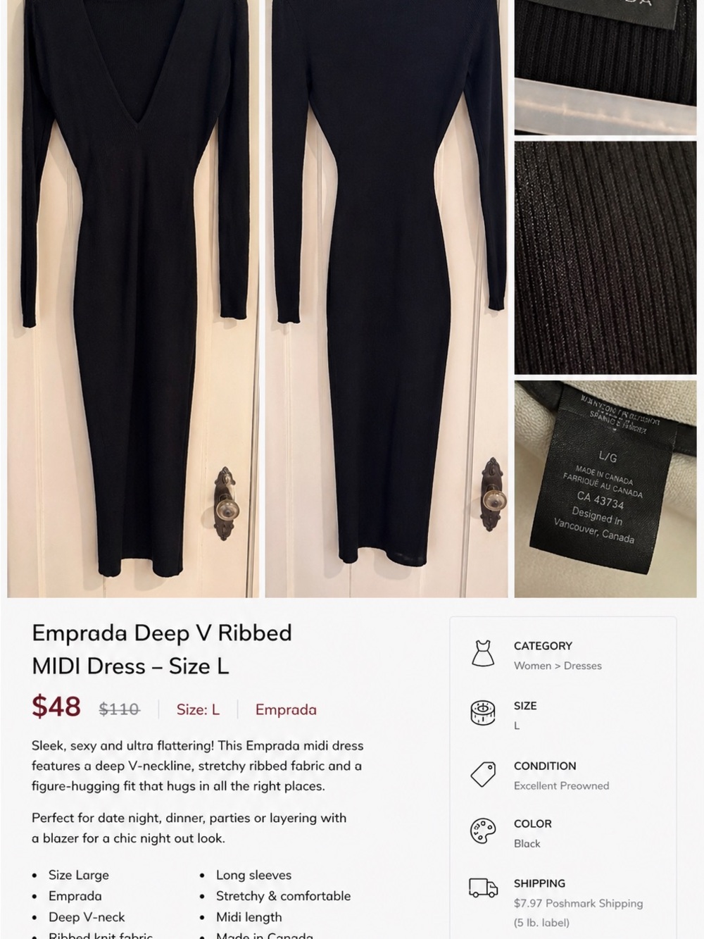 Emprada Black Deep V-Neck Ribbed Midi Dress